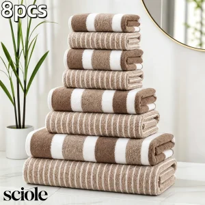 8-Piece Ultra Absorbent Towel Set, Lint-Free & Super Soft Two-Tone Striped Bath Towel Collection, Premium Microfiber Bathroom Towel Set Includes 2 Bath Towels, 2 Face Towels & 4 Hand Towels, Suitable for Bathroom, Spa & Hotel Use