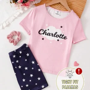 Pink Short Sleeve Pajama Set With Charlotte Print And Star Pattern