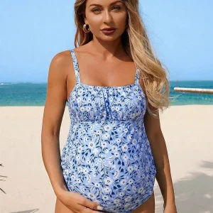 Maternity Floral Print One Piece Swimsuit Full Coverage Conservative Tankini Blue Beach Swimwear For Women