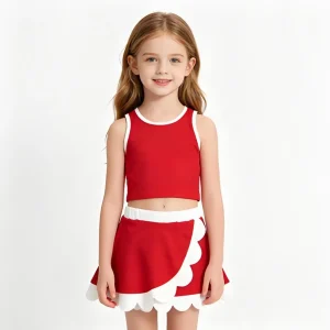 Sleeveless red scallop girls active wear set